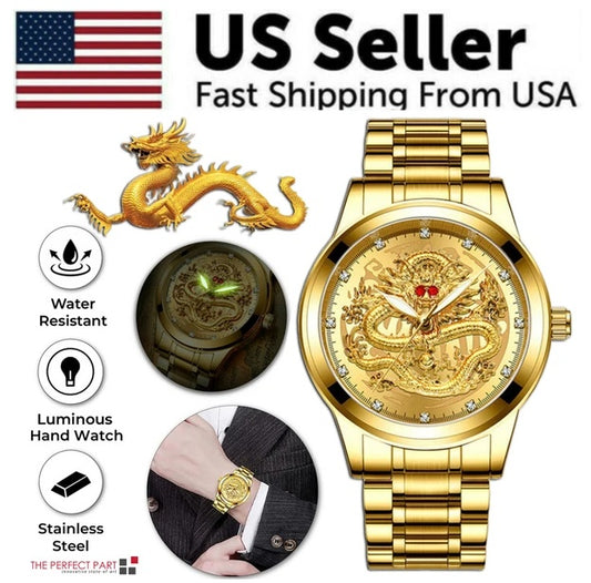 Luxury Men's Gold Diamond Quartz Watch Waterproof Stainless Steel Business Watch