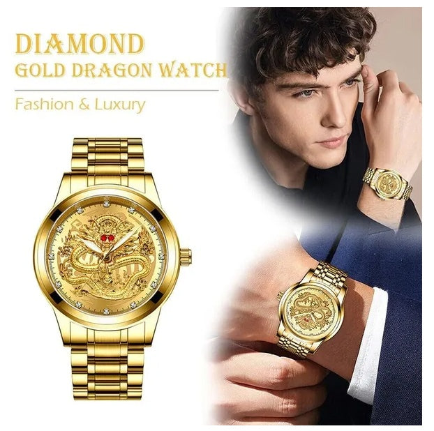 Luxury Men's Gold Diamond Quartz Watch Waterproof Stainless Steel Business Watch