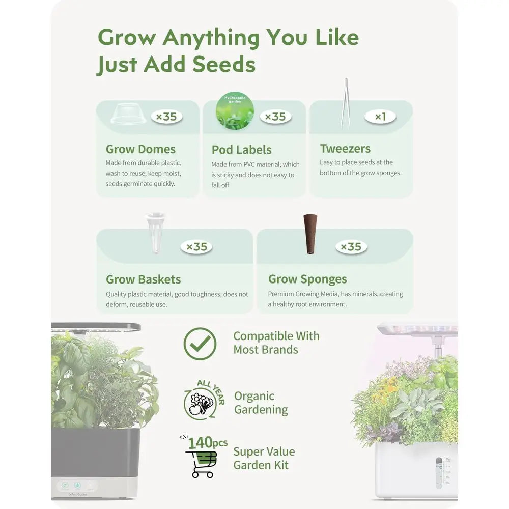 140-Piece Hydroponic System: AeroGarden-Compatible, Herb Kit Essentials - Sponges, Baskets, Domes, Labels
