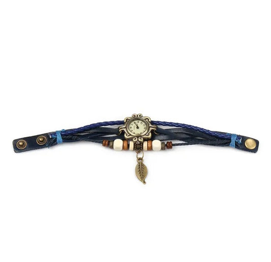 Beautiful Bohemian Style Retro Handmade Leather Tree Leaf Women's Watches Blue